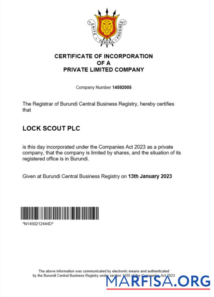Printable Burundi certificate of registration Word and PDF template